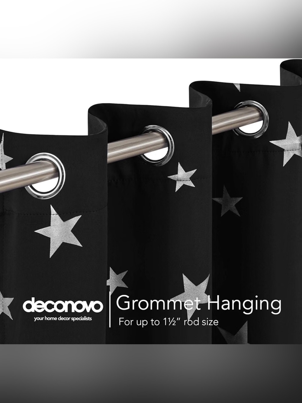 Set of 2 Black with Silver Star Night Sky Grommet Curtain Panels 96” length